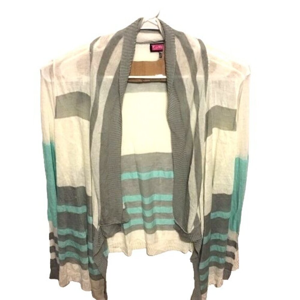 Say What Womens Sweater/Cardigan Open Gray/Green/Cream Striped Size L NWOT